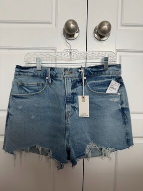 Good American Faded Blue Distressed High-Rise Denim Shorts